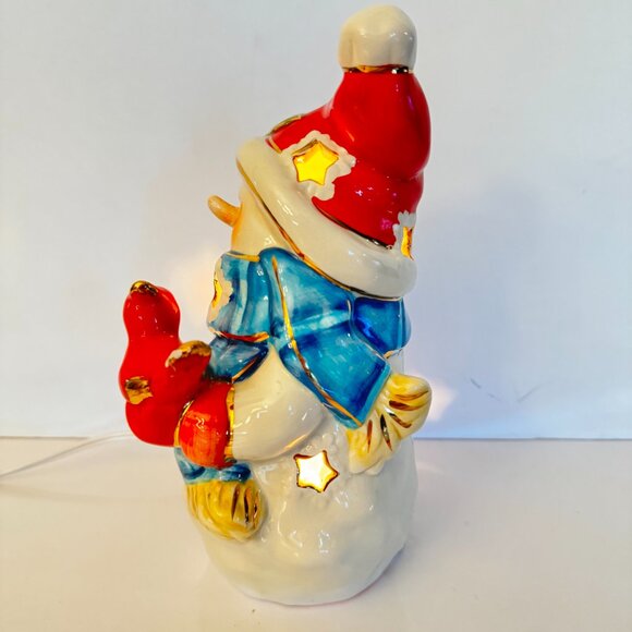 Christmas Snowman Cardinal Ceramic Lighted Figurine Gold Paint Highlights Gift - Picture 9 of 13